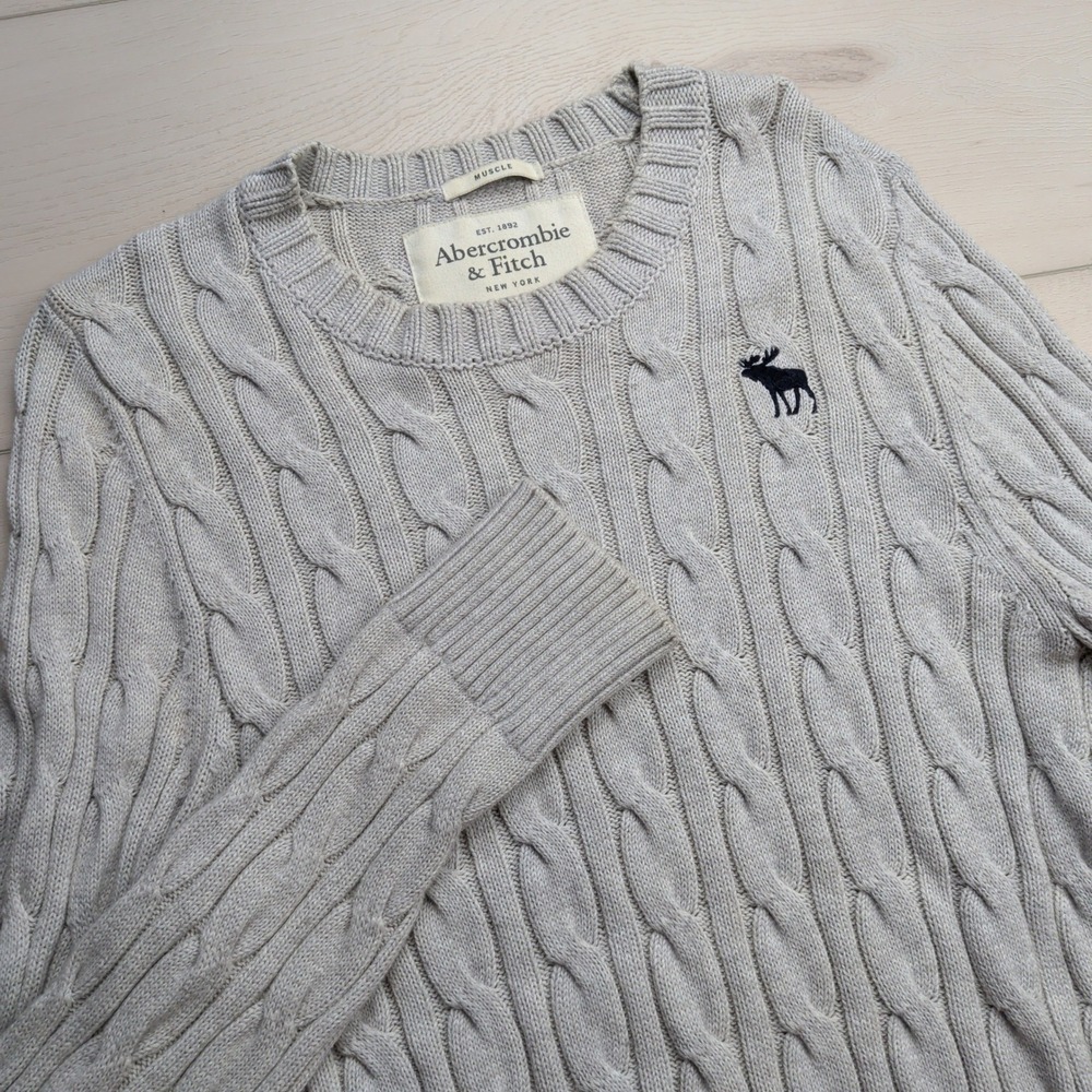 Abercrombie & Fitch Cable Knit Sweater Womens L Cashmere Blend Muscle Fit Gray